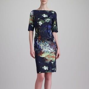 Lela Rose Claire Impressionist Abstract Brushstroke Print Boatneck Sheath Dress